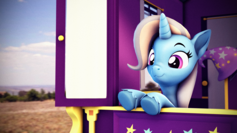 Size: 3840x2160 | Tagged: safe, artist:psfmer, derpibooru import, trixie, pony, unicorn, 3d, :3, clothes, cute, diatrixes, female, hat, high res, horn, image, mare, png, solo, source filmmaker, trixie's hat, trixie's wagon, unshorn fetlocks, wagon