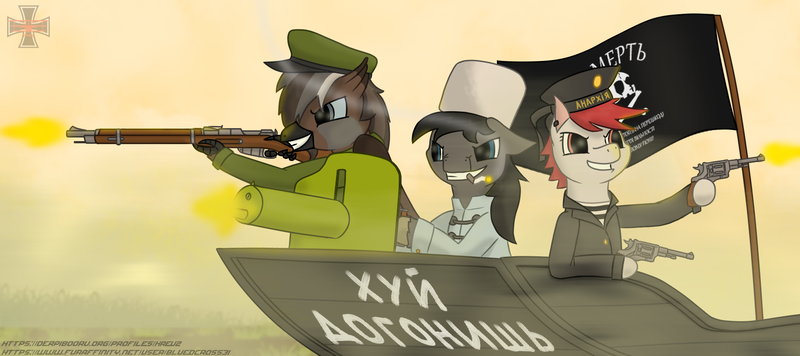 Size: 1800x800 | Tagged: safe, artist:blued_cross31, derpibooru import, oc, oc:blued cross, oc:molly tov, unofficial characters only, gryphon, pony, anarcho-communism, anarchy, cyrillic, free territory, griffon oc, gun, history, image, machine gun, maxim gun, military, mosin nagant, png, ukraine, vulgar, weapon