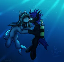 Size: 3159x3039 | Tagged: safe, artist:ashel_aras, derpibooru import, oc, oc:ashel, unofficial characters only, changeling, merpony, aqualung, bubble, changeling oc, crepuscular rays, cyrillic, digital art, diving suit, duo, eyes closed, fish tail, flowing mane, flowing tail, happy, heart, high res, image, looking at each other, looking at someone, love, ocean, png, romance, russian, signature, smiling, smiling at each other, submarine, sunlight, swimming, tail, underwater, water