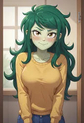 Size: 3328x4864 | Tagged: safe, ai content, derpibooru import, machine learning generated, stable diffusion, wallflower blush, human, equestria girls, bad girl, bare shoulders, big breasts, blushing, breasts, classroom, closed mouth, clothes, denim, embarrassed, eyebrows, eyebrows down, eyelashes, female, freckles, furious, g4, generator:pony diffusion v6 xl, generator:purplesmart.ai, image, jeans, long eyelashes, looking at you, pants, png, prompter:lerkyboy, school, seductive look, sexy, solo, solo female, stupid sexy wallflower blush, sweater, unhappy, upset