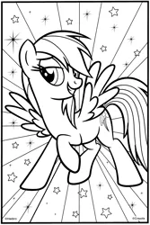 Size: 2074x3096 | Tagged: safe, derpibooru import, official, rainbow dash, pegasus, pony, abstract background, coloring book, coloring page, crayola, female, g4, grin, image, lidded eyes, mare, png, raised hoof, smiling, solo, spread wings, stars, wings