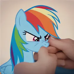 Size: 4096x4096 | Tagged: prompter needed, safe, ai content, derpibooru import, machine learning generated, rainbow dash, human, pegasus, pony, biting, generator:dall-e 3, hand, image, irl, photo, png, ponies in real life, show accurate, tiny, tiny ponies