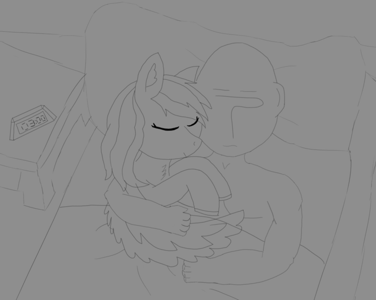 Size: 1078x861 | Tagged: safe, artist:theonlyone, derpibooru import, rainbow dash, oc, oc:anon, human, pegasus, pony, bedroom, blanket, chest fluff, clothes, cute, dashabetes, drawer, duo, ear fluff, hug, human on pony snuggling, image, lying down, partial nudity, pillow, png, simple background, snuggling, topless, winghug, wings