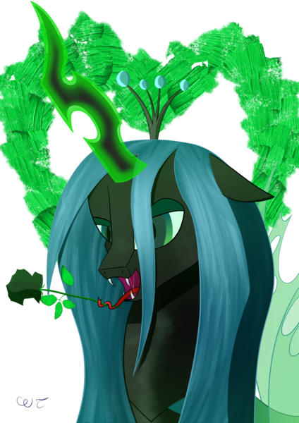 Size: 2480x3508 | Tagged: safe, artist:пшеница, derpibooru import, queen chrysalis, changeling, changeling queen, pony, bust, derpibooru exclusive, drool, female, flower, glow, glowing horn, horn, image, magic, mare, open mouth, png, portrait, simple background, solo, tongue holding, transparent background, transparent wings, wings