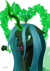 Size: 2480x3508 | Tagged: safe, artist:пшеница, derpibooru import, queen chrysalis, changeling, changeling queen, pony, bust, derpibooru exclusive, drool, female, flower, glow, glowing horn, horn, image, magic, mare, open mouth, png, portrait, simple background, solo, tongue holding, transparent background, transparent wings, wings