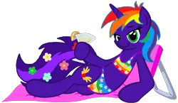 Size: 1128x653 | Tagged: safe, artist:star-armour95, derpibooru import, oc, oc:rainbow power, pony, unicorn, beach chair, bikini, chair, clothes, female, g4, horn, image, png, simple background, solo, swimsuit, transparent background, vector