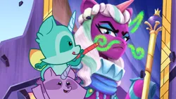 Size: 1280x720 | Tagged: safe, derpibooru import, screencap, alicorn, raccoon, g5, my little pony: tell your tale, spoiler:g5, spoiler:my little pony: tell your tale, spoiler:tyts02e07, bust, crayon, facial hair, image, moustache, opaline arcana, opaline's dark castle, png, portrait, raccoonicorn, scepter, the lone alicorn