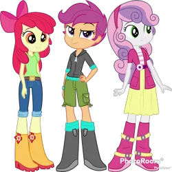 Size: 1080x1080 | Tagged: safe, derpibooru import, editor:cutler1228, apple bloom, scootaloo, sweetie belle, equestria girls, clothes, cutie mark crusaders, female, g4, image, png, shoes, simple background, transparent background, trio, trio female