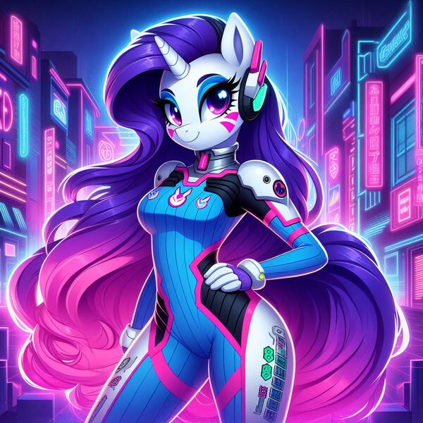 Size: 1024x1024 | Tagged: prompter needed, source needed, safe, ai content, derpibooru import, machine learning generated, rarity, anthro, unicorn, clothes, cosplay, costume, d.va, generator:dall-e 3, horn, image, jpeg, overwatch