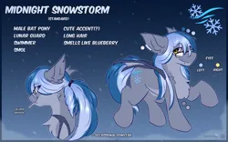 Size: 3200x2000 | Tagged: safe, artist:snowstormbat, derpibooru import, oc, oc:midnight snowstorm, bat pony, pony, ear piercing, earring, glasses, image, jewelry, male, piercing, png, ponytail, reference sheet, solo, stallion