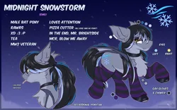 Size: 3200x2000 | Tagged: safe, alternate version, artist:snowstormbat, derpibooru import, oc, oc:midnight snowstorm, bat pony, pony, choker, clothes, ear piercing, earring, edgy, emo, glasses, goth, grumpy, image, jewelry, male, piercing, png, ponytail, reference sheet, socks, solo, stallion