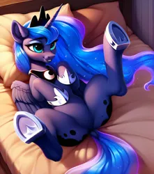Size: 1808x2048 | Tagged: suggestive, ai content, derpibooru import, machine learning generated, prompter:ramprover, stable diffusion, princess luna, alicorn, pony, bed, bedroom, butt, cute, ear fluff, female, frog (hoof), g4, generator:pony diffusion v6 xl, hooves, horseshoes, image, jpeg, lidded eyes, lying down, mare, on back, on bed, prompt in description, smiling, solo, spread legs, spreading, thighs, underhoof, wings