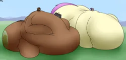 Size: 3840x1845 | Tagged: safe, artist:the-furry-railfan, derpibooru import, oc, oc:tuffy tonnes, unofficial characters only, earth pony, pony, unicorn, belly, big belly, butt, disproportional anatomy, fat, horn, huge belly, huge butt, image, impossibly large belly, impossibly large butt, large butt, lying down, macro, png, small head, solo, squishy, tiny head