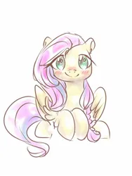 Size: 1080x1440 | Tagged: safe, artist:twiliset, derpibooru import, fluttershy, pegasus, pony, cute, happy, image, jpeg, looking at you, shy, simple background, sitting, smiling, solo, white background