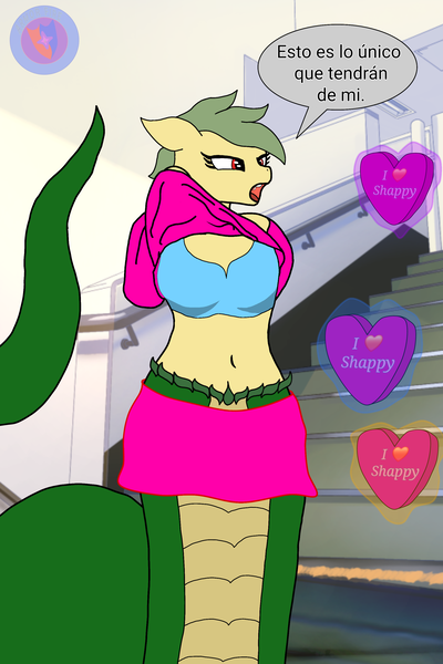 Size: 2000x3000 | Tagged: artist needed, source needed, suggestive, derpibooru import, oc, oc:shappy, anthro, lamia, original species, semi-anthro, snake, snake pony, arm hooves, belly, belly button, big breasts, blouse, bra, breasts, caption, clothes, female, flashing, image, long tail, multiple variants, png, skirt, solo, solo female, speech bubble, tail, text, underwear