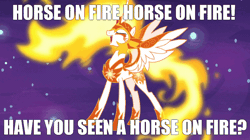 Size: 922x518 | Tagged: artist needed, source needed, safe, derpibooru import, daybreaker, gif, image, impact font, mane of fire, spread wings, tail, tail of fire, text, wings