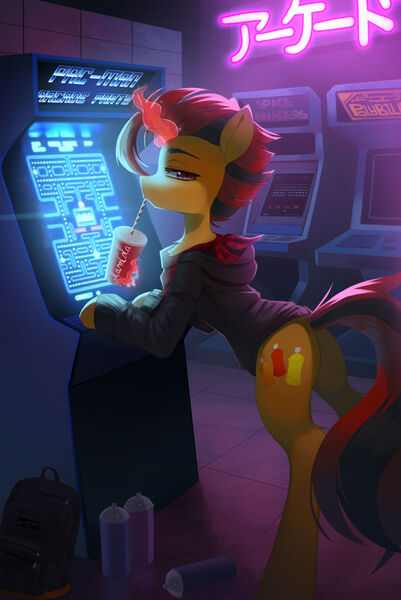 Size: 1280x1917 | Tagged: safe, artist:astralblues, derpibooru import, oc, oc:selest light, unofficial characters only, pony, unicorn, arcade, arcade game, bipedal, bipedal leaning, butt, clothes, drink, horn, image, jpeg, leaning, magic, pac-man, plot, solo, unicorn oc