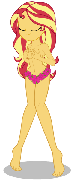 Size: 587x1465 | Tagged: artist needed, suggestive, derpibooru import, sunset shimmer, equestria girls, almost nude, breasts, covering, covering breasts, eyes closed, flower bikini, functionally nude, g4, image, nudity, partial nudity, photo, png, sexy, simple background, stupid sexy sunset shimmer, transparent background