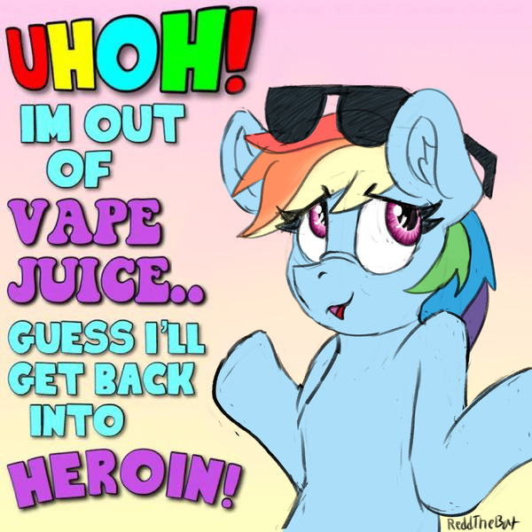 Size: 1943x1943 | Tagged: safe, artist:reddthebat, derpibooru import, rainbow dash, pegasus, pony, bust, don't do drugs, female, g4, gradient background, image, implied drug use, jpeg, mare, shrug, signature, solo, sunglasses, sunglasses on head, text