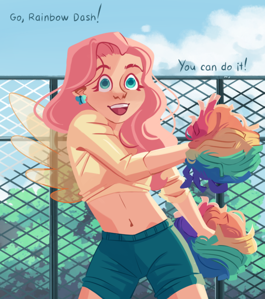 Size: 1815x2048 | Tagged: safe, artist:irisikiki, derpibooru import, part of a set, fluttershy, rainbow dash, human, belly button, cheering, cheerleader, clothes, colored pupils, cute, dialogue, ear piercing, earring, female, flutterdash, humanized, image, implied flutterdash, implied lesbian, implied rainbow dash, implied shipping, jewelry, lesbian, light skin, midriff, open mouth, open smile, piercing, png, pom pom, shipping, shorts, shyabetes, smiling, solo, winged humanization, wings