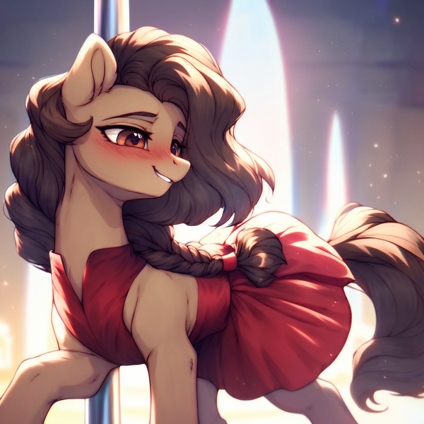 Size: 1024x1024 | Tagged: safe, ai content, derpibooru import, machine learning generated, oc, oc:honour bound, unofficial characters only, earth pony, pony, fanfic:everyday life with guardsmares, blushing, braid, brown coat, brown eyes, brown mane, brown tail, clothes, dress, earth pony oc, everyday life with guardsmares, female, grand galloping gala, guardsmare, hair, image, lip bite, mare, png, red dress, royal guard, tail