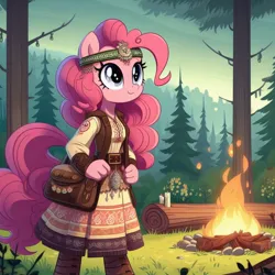 Size: 1024x1024 | Tagged: safe, ai content, derpibooru import, machine learning generated, pinkie pie, campfire, candle, cyrillic, forest, image, jpeg, nature, russian, slavic, solo, tree