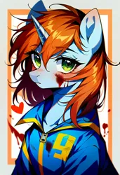 Size: 832x1216 | Tagged: safe, ai content, anonymous prompter, derpibooru import, machine learning generated, oc, oc:littlepip, unofficial characters only, pony, unicorn, fallout equestria, abstract background, blood, clothes, green eyes, horn, image, jpeg, jumpsuit, solo, vault suit