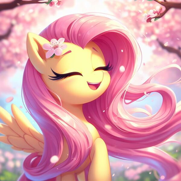 Size: 1024x1024 | Tagged: safe, ai content, derpibooru import, generator:copilot, machine learning generated, fluttershy, pegasus, pony, beautiful, blurry background, blushing, cherry blossoms, cherry tree, cute, eyes closed, falling leaves, flower, flower blossom, flower in hair, flowing mane, g4, generator:bing image creator, generator:dall-e 3, happy, image, jpeg, leaves, pretty, raised hoof, shyabetes, smiling, solo, spread wings, tree, wings
