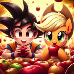 Size: 1024x1024 | Tagged: safe, ai content, derpibooru import, machine learning generated, prompter:pika-robo, applejack, earth pony, pony, apple, crossover, cute, dragon ball, duo, female, food, generator:bing image creator, generator:dall-e 3, image, jackabetes, jpeg, male, open mouth, open smile, smiling, son goten
