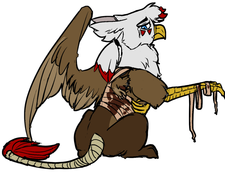 Size: 1313x1003 | Tagged: semi-grimdark, artist:brainiac, derpibooru import, oc, oc:duskclaw, gryphon, fallout equestria, bandage, blood, fallout equestria:all things unequal (pathfinder), griffon oc, image, maimed, male, one wing, png, simple background, solo, token, transparent background