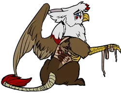 Size: 1313x1003 | Tagged: semi-grimdark, artist:brainiac, derpibooru import, oc, oc:duskclaw, gryphon, fallout equestria, bandage, blood, fallout equestria:all things unequal (pathfinder), griffon oc, image, maimed, male, one wing, png, simple background, solo, token, transparent background