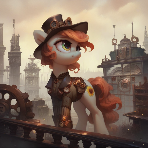 Size: 1024x1024 | Tagged: safe, ai content, derpibooru import, machine learning generated, oc, pony, clothes, hat, image, png, solo, steampunk