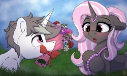 Size: 1800x1080 | Tagged: safe, artist:darbedarmoc, derpibooru import, pony, unicorn, beads, blushing, bouquet, flower, horn, image, jewelry, looking at each other, looking at someone, necklace, pearl necklace, png, surprised, two toned mane