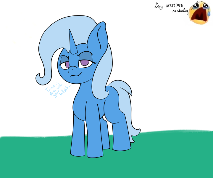 Size: 3000x2500 | Tagged: safe, artist:bazza, derpibooru import, trixie, pony, unicorn, derpibooru exclusive, eyeshadow, horn, image, lidded eyes, looking at you, low quality, makeup, paint tool sai, png, simple background, smug, smug smile, speech, talking