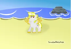 Size: 1602x1112 | Tagged: safe, artist:sorasleafeon, derpibooru import, oc, oc:miguel silva, unofficial characters only, alicorn, pony, alicorn oc, beach, blue sky, horn, image, looking at you, male, ocean, png, rock, signature, smiling, smiling at you, smirk, solo, solo male, spread wings, stallion, standing, sunshine, water, wings