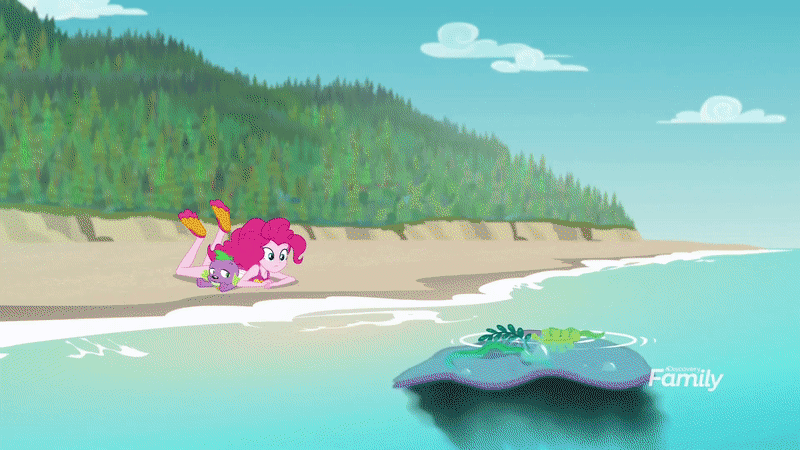 Size: 800x450 | Tagged: questionable, derpibooru import, edit, editor:korine, fluttershy, pinkie pie, spike, spike the regular dog, dog, equestria girls, equestria girls series, forgotten friendship, animated, beach, clothes, dive mask, fluttershy's wetsuit, g4, gif, goggles, image, rock horse, snorkel, swamp thing, wet, wet mane, wetsuit