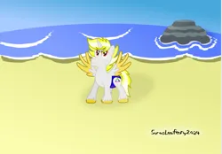 Size: 1602x1112 | Tagged: safe, artist:sorasleafeon, derpibooru import, oc, oc:miguel silva, alicorn, pony, alicorn oc, beach, blue sky, blue swimsuit, clothes, horn, image, looking at you, male, png, rock, signature, smiling, smiling at you, smirk, solo, solo male, speedo, spread wings, stallion, standing, sunshine, swimsuit, water, wings