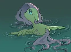 Size: 1379x1000 | Tagged: safe, artist:melodylibris, derpibooru import, fluttershy, pegasus, pony, cute, feather, female, floppy ears, flowing mane, flowing tail, g4, image, jpeg, lake, looking back, looking up, mare, partially submerged, profile, shyabetes, solo, spread wings, swimming, tail, water, wet, wet mane, wings