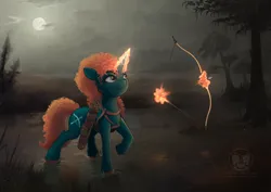Size: 1323x935 | Tagged: safe, artist:calena, derpibooru import, pony, unicorn, bow, brave (movie), commission, harness, horn, image, jpeg, looking up, magic, merida, night, quiver, solo, swamp, tack, tree