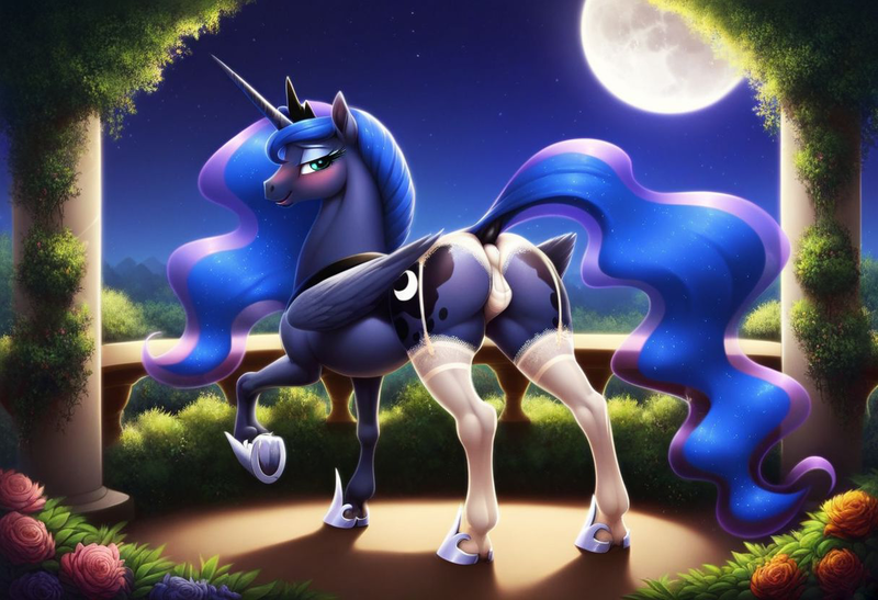 Size: 1216x832 | Tagged: questionable, ai content, derpibooru import, machine learning generated, prompter:awesom3n3ss, princess luna, alicorn, pony, anatomically correct, anus cameltoe, bed, bedroom eyes, bra, butt, clothes, crotchboobs, crotchbra, crown, cutie mark, dock, female, flower, g4, garter belt, hoof shoes, image, jewelry, laying on bed, looking at you, looking back, looking back at you, lying down, moon, moonbutt, night, night sky, nudity, on bed, panties, peytral, png, raised tail, regalia, simple background, sky, socks, solo, solo female, stockings, tail, thigh highs, underwear, vulva, wings