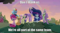 Size: 888x499 | Tagged: safe, derpibooru import, screencap, applejack, fluttershy, pinkie pie, rainbow dash, rarity, spike, twilight sparkle, twilight sparkle (alicorn), alicorn, the last problem, caption, dc comics, image, image macro, imgflip, jpeg, movie reference, superman, text