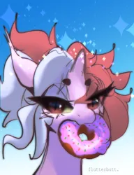 Size: 3000x3900 | Tagged: safe, artist:flutterbutt, derpibooru import, oc, oc:felicidae, unofficial characters only, bat pony, pony, bust, donut, food, image, pink skin, png, portrait, red eyes, sky, solo, sparkles