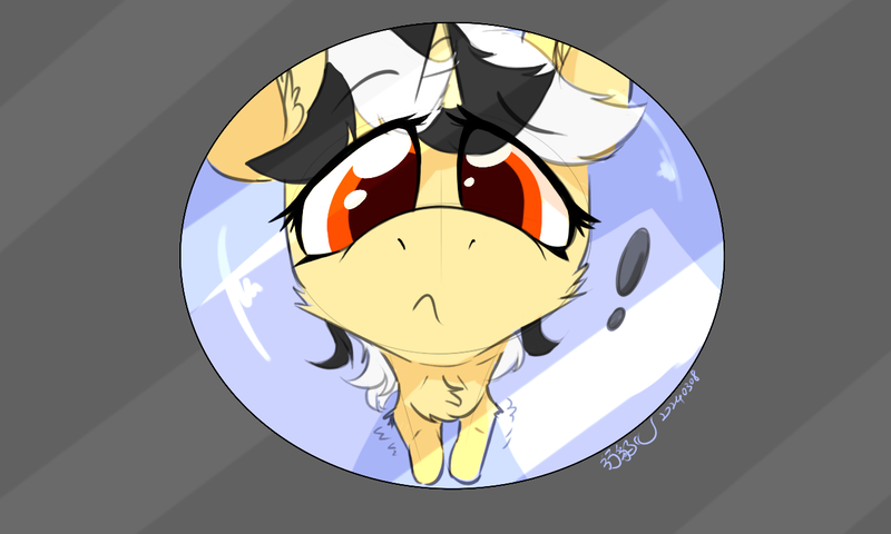 Size: 1250x750 | Tagged: safe, artist:行豹cheetahspeed, derpibooru import, oc, oc:autumn trace, unofficial characters only, pony, unicorn, black and white mane, cute, exclamation point, eye clipping through hair, eyebrows, eyebrows visible through hair, female, fisheye lens, horn, image, light, looking at you, mare, orange eyes, peephole, png, simple background, yellow skin