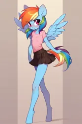Size: 800x1200 | Tagged: safe, ai content, derpibooru import, machine learning generated, prompter:foxlover7796, rainbow dash, anthro, pony, unguligrade anthro, clothes, female, filly, filly rainbow dash, image, miniskirt, png, prompt in description, shirt, skirt, solo, younger