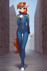 Size: 800x1200 | Tagged: safe, ai content, derpibooru import, machine learning generated, oc, oc:littlepip, unofficial characters only, anthro, unicorn, fallout equestria, blushing, clothes, horn, image, jpeg, jumpsuit, looking at you, smiling, smiling at you, solo, thigh gap, tight clothing, vault suit