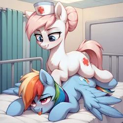Size: 2304x2304 | Tagged: safe, ai content, derpibooru import, generator:autismmixpony, machine learning generated, stable diffusion, nurse redheart, rainbow dash, earth pony, pegasus, pony, backwards cutie mark, bed, blushing, chest fluff, curtains, cute, duo, duo female, ear fluff, eyebrows, eyebrows visible through hair, female, g4, high res, hospital, hospital bed, image, indoors, laying on bed, lidded eyes, looking at someone, looking pleasured, lying down, lying on top of someone, mare, massage, on bed, png, prompter:tyto4tme4l, prone, smiling, spread wings, tongue out, wing massage, wings