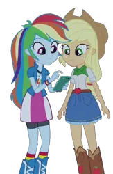 Size: 658x1008 | Tagged: safe, artist:abtoons, derpibooru import, edit, edited screencap, screencap, applejack, rainbow dash, equestria girls, perfect day for fun, rainbow rocks, background removed, boots, clothes, cropped, duo, g4, image, iphone, mobile phone, phone, png, rainbow socks, shoes, smartphone, socks, striped socks