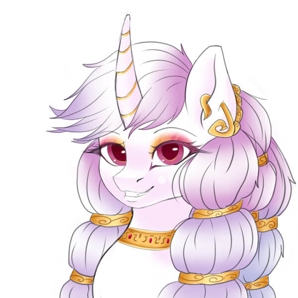 Size: 1280x1280 | Tagged: safe, artist:sheru, derpibooru import, oc, unofficial characters only, pony, unicorn, female, gold, horn, image, jpeg, looking at you, mare, simple background, sketch, smiling, solo, trade, white background