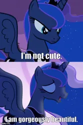 Size: 500x750 | Tagged: safe, derpibooru import, edit, edited screencap, screencap, princess luna, luna eclipsed, to where and back again, beautiful, caption, g4, i'm not cute, image, image macro, imgflip, jpeg, subverted meme, text, truth