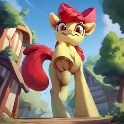 Size: 1024x1024 | Tagged: safe, ai content, derpibooru import, machine learning generated, apple bloom, earth pony, pony, detailed, fetish, frog (hoof), g4, image, imminent crushing, looking at you, looking down, looking down at, low angle, offscreen character, png, ponyville, pov, raised hoof, smiling, underhoof